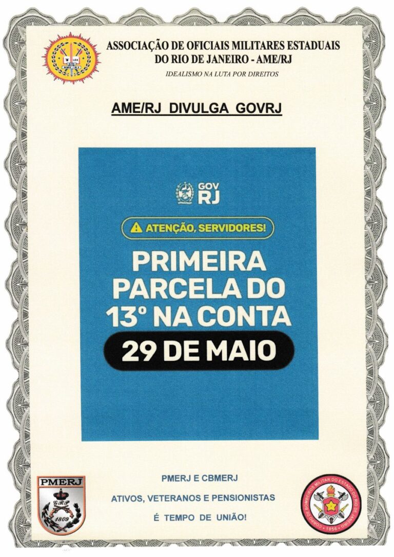 AME/RJ divulga comunicado do GOVRJ sobre o 13º salário